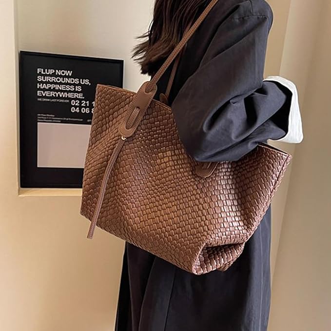 Women's Woven Texture Large Tote Bag – Basket Weave Double Strap Everyday Work