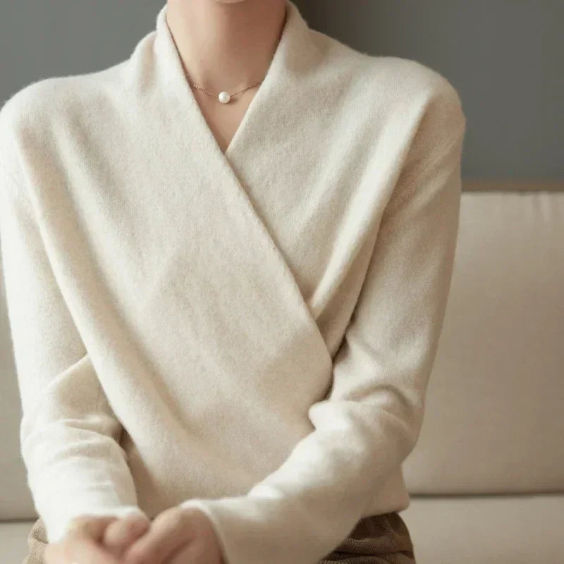 Women's Wrap Front V Neck Knit Sweater – Long Sleeve Crossover Smart Casual