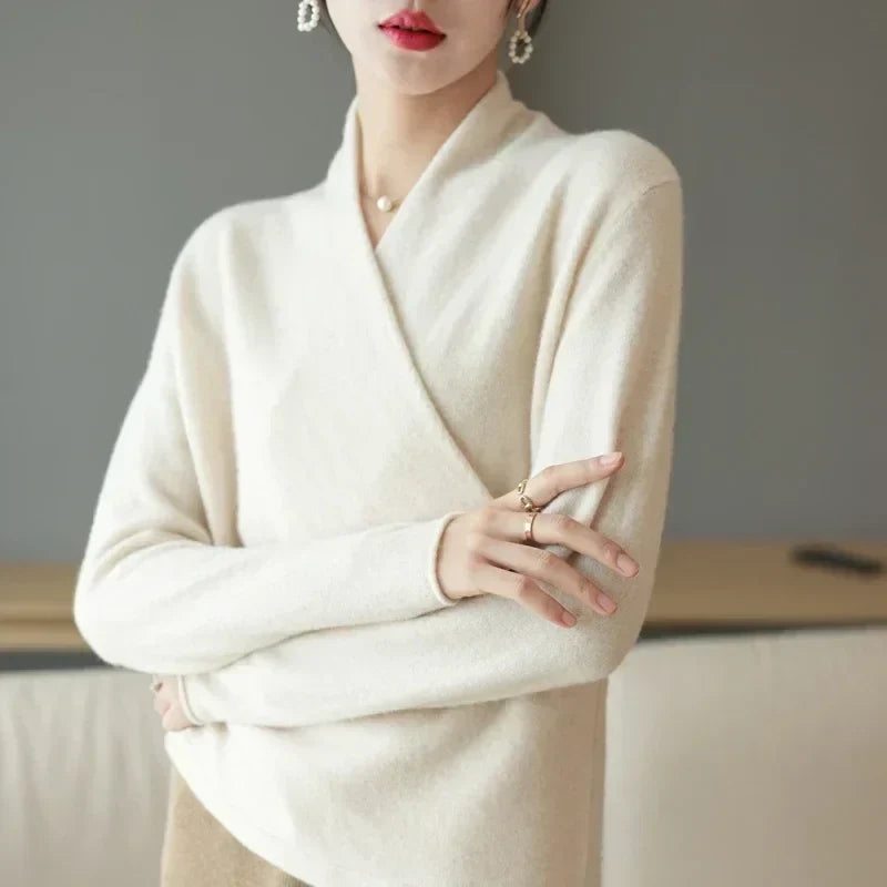 Women's Wrap Front V Neck Knit Sweater – Long Sleeve Crossover Smart Casual
