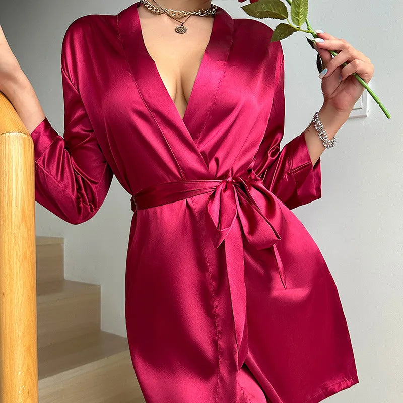 Women's Wrap Kimono Robe – V Neck Self-Tie Belt Long Sleeve Nightwear